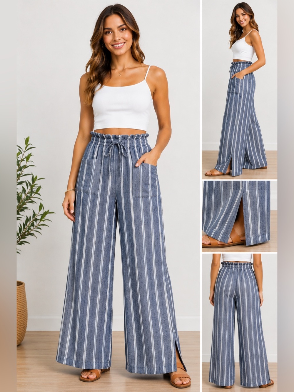 Calligraphie Women’s Blue White Striped Paperbag Wide Leg Pants Side Slit Size M